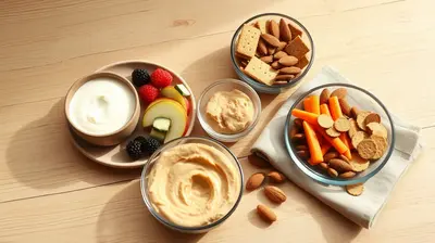 Plato con frutas frescas, yogur natural, hummus y galletas integrales sobre mesa de madera.