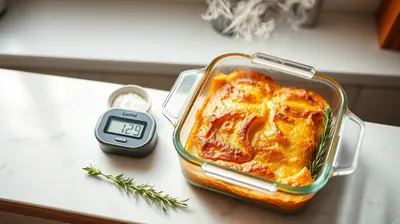 Plato de cristal con comida crujiente y vapor suave sobre encimera de cocina.