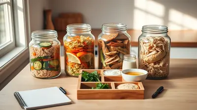 Mesón de cocina organizado con ingredientes precocinados y cuaderno en blanco para planificar comidas semanales.