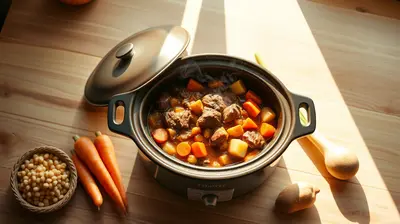 Olla de cocción lenta con guiso casero y ingredientes frescos sobre encimera organizada.