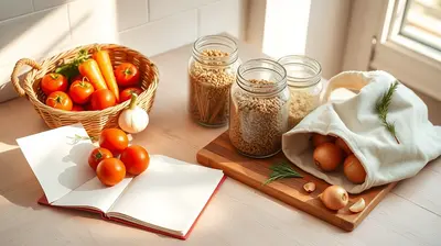Encimera de cocina con cuaderno en blanco, verduras frescas y frascos de despensa ordenados.