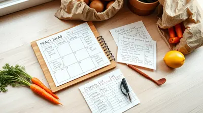Planificador semanal de comidas con lista de la compra y vegetales frescos.