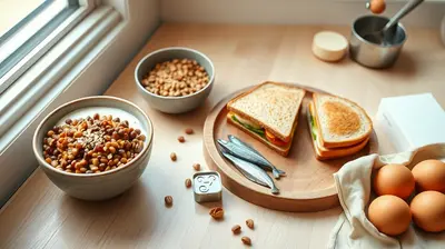Cuenco de yogur con avena, lentejas con verduras y sándwich integral sobre encimera de cocina.
