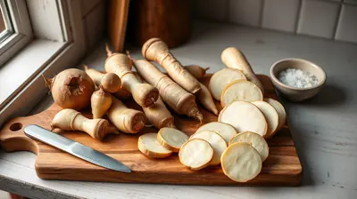Nabo y chirivia sobre tabla de madera, algunos pelados y cortados con cuchillo.