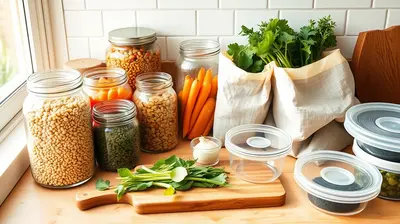 Alacena organizada con frascos de vidrio, verduras frescas y residuos vegetales listos para aprovechar.