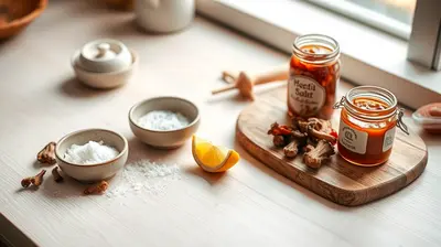 Ingredientes naturales de acidez y umami sobre una encimera de cocina rústica.