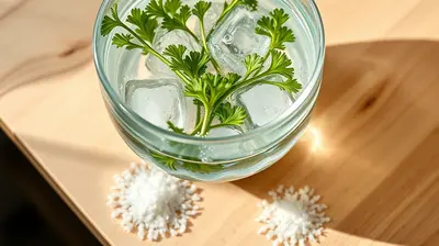 Manojos de perejil fresco sumergidos en agua con hielo y sal gruesa sobre madera.
