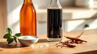 Dos botellas de salsa de pescado y soja sobre una mesa de madera con especias frescas.
