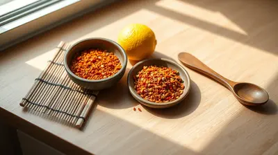 Plato de cerámica con shichimi togarashi y yuzu fresca sobre mesa de madera.