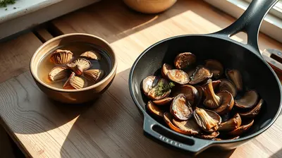 Setas shiitake secas hidratándose en un tazón junto a unas salteadas en una sartén.