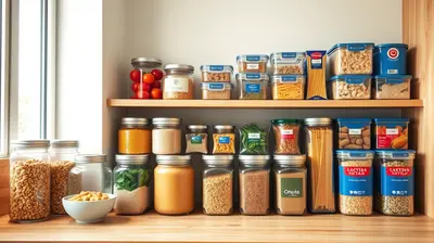 Estante de despensa ordenado con alimentos secos y latas alineados para la rotación inteligente.