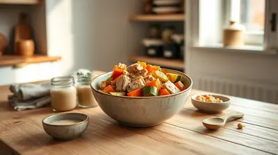 Bowl de sobras transformadas con pollo, verduras asadas, quinoa y tahini sobre mesa de madera.