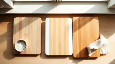 Tres tablas de cortar de madera, plástico y bambú sobre una encimera limpia y organizada.