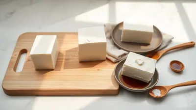 Tres tipos de tofu sobre una tabla de madera con toalla y plato para prensado.