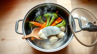 Montaje casero de vapor con colador, verduras frescas y pescado sobre una olla profunda.
