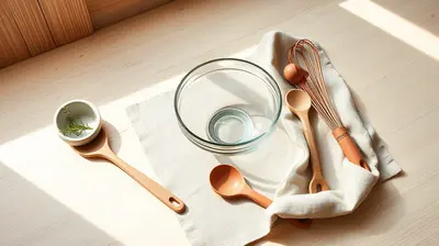 Utensilios de silicona sobre encimera de madera junto a un bol de vidrio.