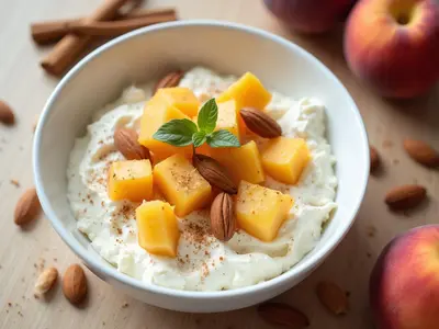 Bowl de requesón fresco con melocotón y almendras