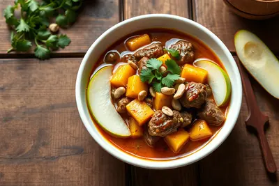 Plato de massaman de ternera con salsa de coco, patatas y manzana verde