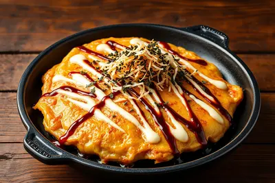 Okonomiyaki japonés de col rallada y gambas con salsa tonkatsu
