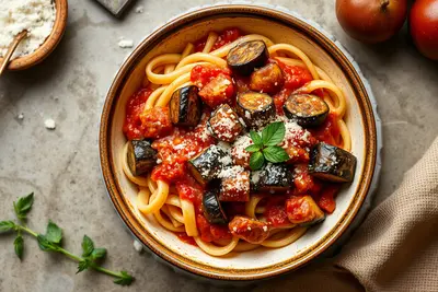 Penne alla Norma con berenjenas fritas y salsa de tomate albahaca