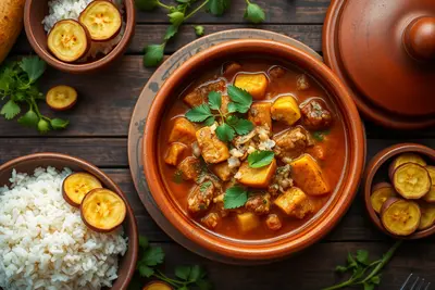 Picadinho brasileño en cazuela de barro con arroz y plátano frito
