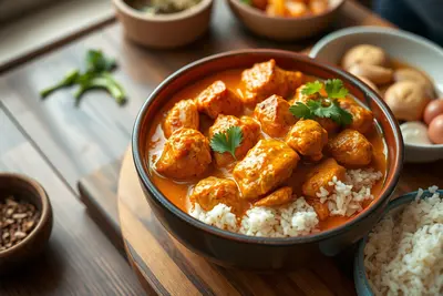 Pollo tikka masala en salsa cremosa naranja con cilantro, servido con arroz