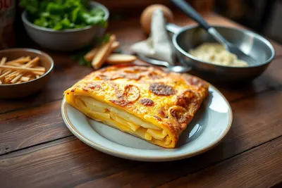 Tortilla española dorada en un plato de barro
