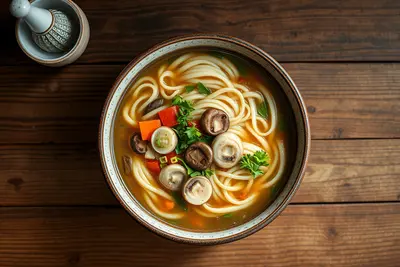 Udon de verduras con caldo dashi y setas