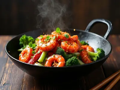 Wok de langostinos con verduras y jengibre