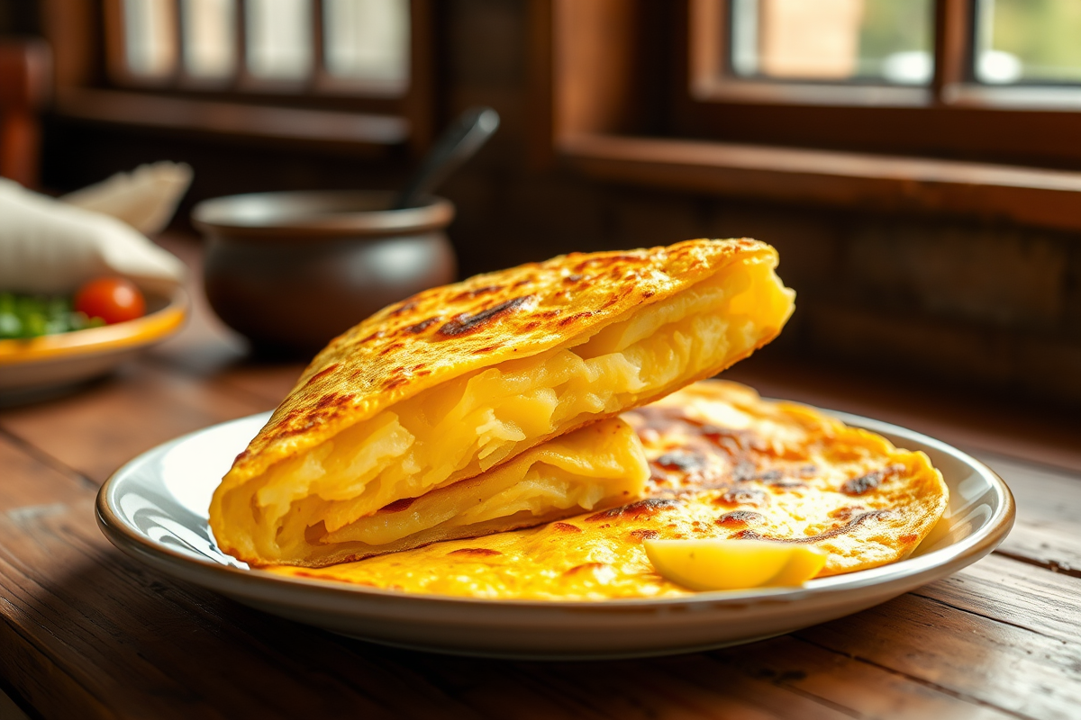 Tortilla española dorada en un plato de barro